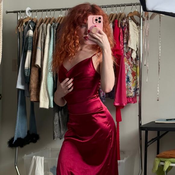 Deep Red Satin Ruched Cowl Neck Midi Dress, Best Fits Small - Picture 2 of 9